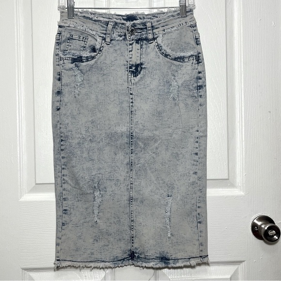 be girl Dresses & Skirts - NWOT BE GIRL Acid Wash Knee Length Distressed Denim Midi Skirt | size XS